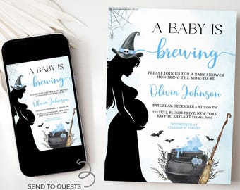 Puede incluir: Una invitación a un baby shower y un teléfono inteligente que muestra el mismo diseño. La invitación presenta una silueta de una mujer embarazada con un sombrero de bruja, con el texto "A Baby Is Brewing" en escritura azul. Se incluyen los detalles del evento.