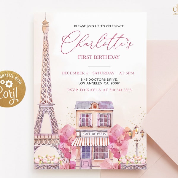 EDITABLE Paris First Birthday Invitation Template, French 1st Birthday Invitation, Girl Eiffel Tower, Parisian Cafe, Instant Download, KP050