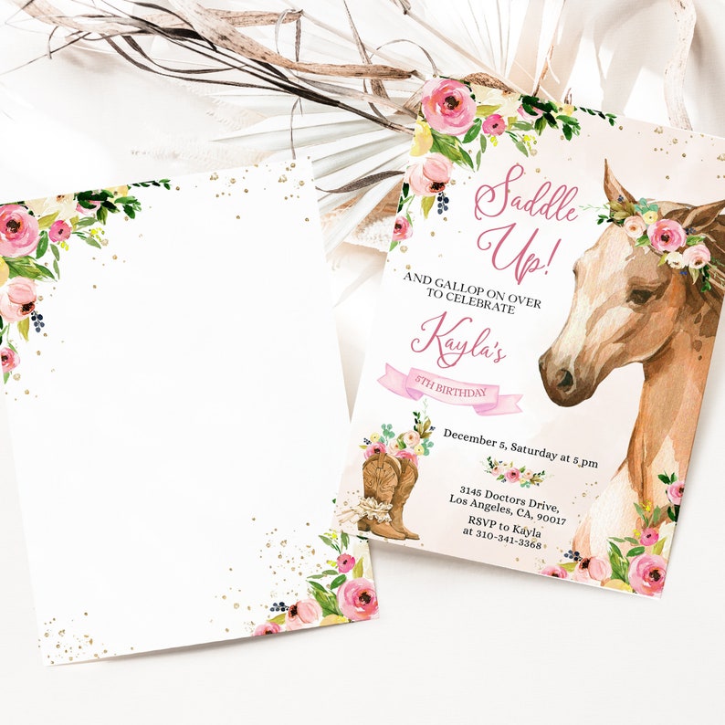 EDITABLE Horse Birthday Invitation, Saddle Up Cowgirl Invite Template, Country Western Party, Floral Girl Printable, Instant Download, KP049 image 2