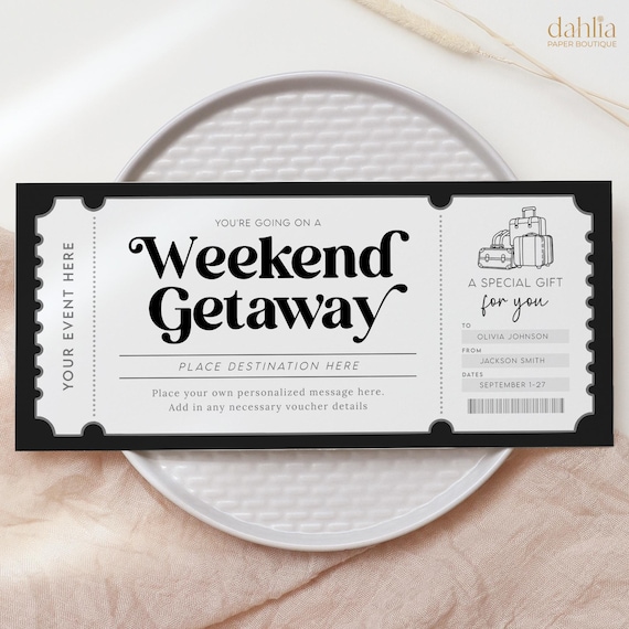 Weekend Getaway Gift Voucher, Editable Weekend Away Coupon Ticket, Birthday Trip Travel Voucher, Printable Trip Away Gift Certificate Unisex