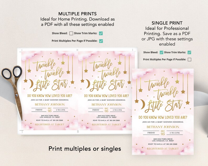 May include: Pink and gold baby shower invitation with a twinkle twinkle little star theme. The invitation includes the text "Do you know how loved you are?" and "Join us for a baby shower honoring Bethany Johnson".