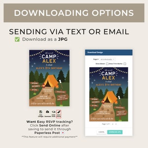 May include: A digital download for a camping-themed birthday invitation. The invitation features a cartoon illustration of a tent, a campfire, and a dog. The text on the invitation reads "Camp Alex" and "Alex's 8th Birthday".