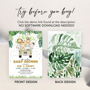Pu&ograve; includere: Un invito per una baby shower verde e oro con tema giungla. Il fronte dell'invito presenta una jeep dei cartoni animati con animali come un leone, una scimmia, una giraffa e un elefante. Il retro dell'invito presenta un design ad acquerello di foglie verdi.