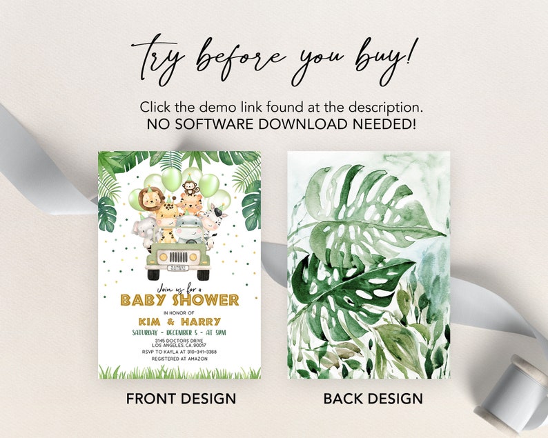 Pu&ograve; includere: Un invito per una baby shower verde e oro con tema giungla. Il fronte dell'invito presenta una jeep dei cartoni animati con animali come un leone, una scimmia, una giraffa e un elefante. Il retro dell'invito presenta un design ad acquerello di foglie verdi.