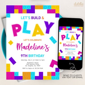 Könnte beinhalten: Eine farbenfrohe Geburtstagseinladung mit Lego-Thema. Die Einladung lautet "Let's Build & Play" und "Let's Celebrate Madeline's 9th Birthday". Die Einladung enthält das Datum, die Uhrzeit und den Ort der Party.