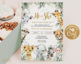 Safari Gender Reveal Invitation, Jungle Gender Reveal Party Template, He Or She, Wild One Baby Shower Digital Invite, Boy Or Girl, GR024