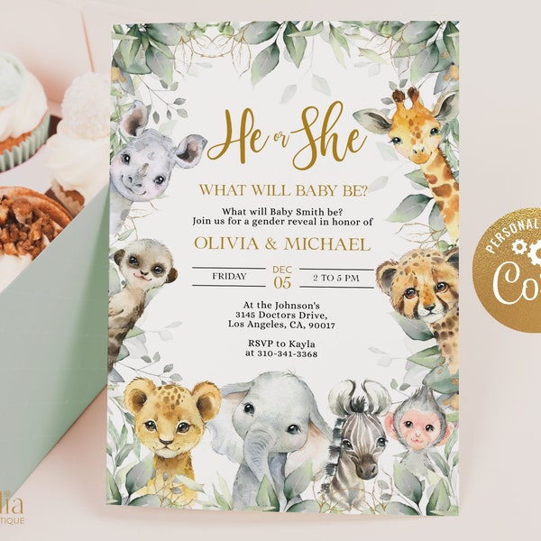 Invitation de révélation de sexe de Safari, modèle de partie de révélation de sexe de jungle, il ou elle, Wild One Baby Shower Digital Invite, garçon ou fille, GR024