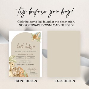 May include: A baby shower invitation with a dinosaur theme. The front design features the text "hello baby" and event details. The back design is a solid beige color. Text at the top reads "Try before you buy!" and "Click the demo link found at the description."