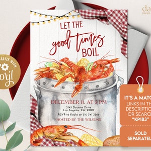 Puede incluir: Una ilustraci&oacute;n de acuarela de un mantel a cuadros rojo y blanco con una olla de cangrejos de r&iacute;o, ma&iacute;z y limones. El texto "Let the good times boil" est&aacute; escrito en cursiva roja. El texto "December 11, at 5 PM" est&aacute; escrito en negro. El texto "3145 Doctors Drive, Los Angeles, CA, 90017" est&aacute; escrito en negro. El texto "RSVP to Kayla at 310-341-3368" est&aacute; escrito en negro. El texto "Hosted by the Wilsons" est&aacute; escrito en negro. El texto "It's a match! Links in the description or search "KP183"" est&aacute; escrito en negro. El texto "Sold separately" est&aacute; escrito en negro.