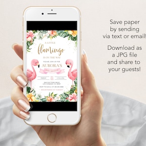 May include: A pink flamingo baby shower invitation with a tropical floral design. The invitation features the text "A Little Flamingo is on the Way" and "Aurora's Baby Shower".
