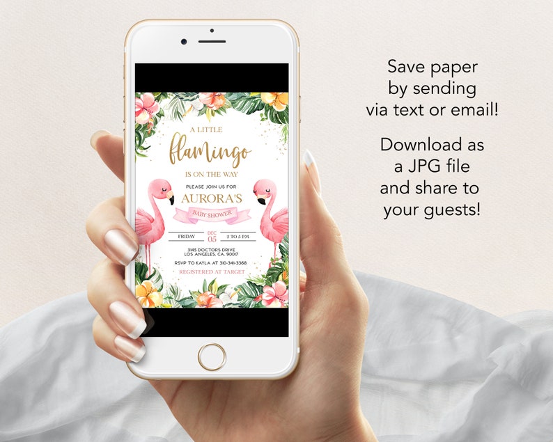 May include: A pink flamingo baby shower invitation with a tropical floral design. The invitation features the text "A Little Flamingo is on the Way" and "Aurora's Baby Shower".