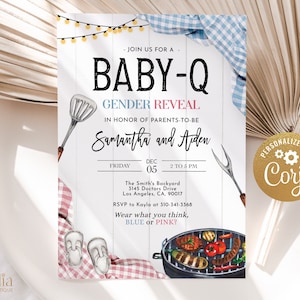 Invito modificabile per rivelare il genere Baby-Q, Baby Shower per coppie in giardino, lui o lei, modello per festa per rivelare il genere di BBQ, ragazzo o ragazza, GR022