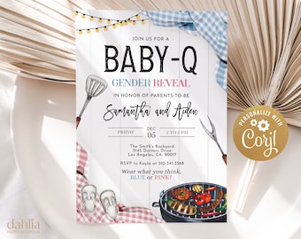 Bearbeitbare Baby-Q Gender Reveal Einladung, Hinterhof Paare Babyparty, Er oder Sie, BBQ Gender Reveal Party Vorlage, Junge oder Mädchen, GR022