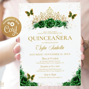 Emerald Green and Gold Quinceañera Tiara Invitation, EDITABLE Butterfly Party Template, Mis Quince Anos, Floral 15th Birthday Invite, Q029