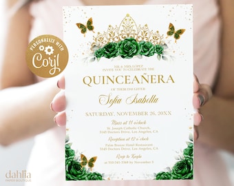 May include: A white invitation card with gold glitter and green floral accents. The text reads "MR. & MRS. LOPEZ INVITE YOU TO CELEBRATE THE QUINCEAÑERA OF THEIR DAUGHTER Sofia Isabella SATURDAY, NOVEMBER 26, 20XX Mass at 11 o'clock St. Joseph Catholic Church, 3145 Doctors Drive, Los Angeles, CA Reception at 12 o'clock Palm Breeze Hotel Restaurant, 3145 Doctors Drive, Los Angeles, CA Roup to Kayla at 310-341-3368 by November 5"