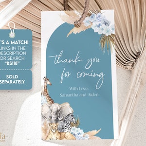 Może przedstawiać: Turkusowa etykieta z napisem "thank you for coming" i imionami Samantha i Aiden. Etykieta zawiera akwarelowe ilustracje zwierząt safari i kwiatowe akcenty. Dostępna jest r&oacute;wnież pasująca etykieta.