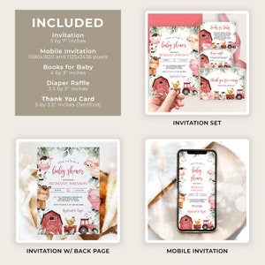 May include: A set of printable baby shower invitations featuring a farm theme. The invitations include a main invitation, a mobile invitation, a thank you card, and a diaper raffle card. The invitations are decorated with watercolour illustrations of farm animals, a red barn, and a tractor. The text on the invitations reads "Join us for a baby shower honouring Bethany Johnson".