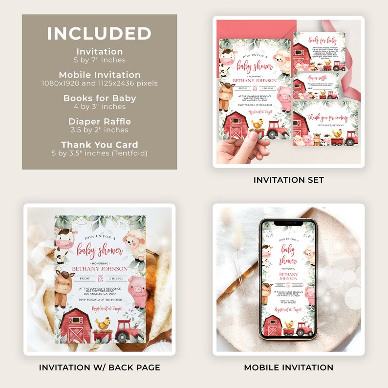 May include: A set of printable baby shower invitations featuring a farm theme. The invitations include a main invitation, a mobile invitation, a thank you card, and a diaper raffle card. The invitations are decorated with watercolour illustrations of farm animals, a red barn, and a tractor. The text on the invitations reads "Join us for a baby shower honouring Bethany Johnson".