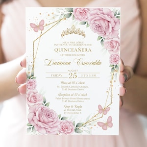 Blush Pink and Gold Quinceañera Invitation, EDITABLE 15th Birthday Party Invite Template, Mis Quince Anos Butterflies, Instant Download Q092
