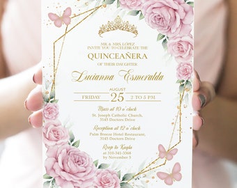Puede incluir: Una invitación a una Quinceañera con un diseño floral rosa y dorado. La invitación presenta una corona dorada, mariposas y el texto "MR. & MRS. LÓPEZ INVITE YOU TO CELEBRATE THE QUINCEAÑERA OF THEIR DAUGHTER Lucianna Esmeralda AUGUST 25 2 TO 5 PM Mass at 10 o'clock St. Joseph Catholic Church, 3145 Doctors Drive Reception at 12 o'clock Palm Breeze Hotel Restaurant, 3145 Doctors Drive Rsvp to Kayla at 310-341-3368 by November 5".