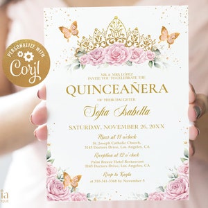 Blush Pink and Gold Quinceañera Tiara Invitation, EDITABLE Rose Butterfly Party Template, Mis Quince Anos, Floral 15th Birthday Invite, Q030