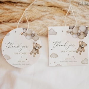 Etiqueta redonda editável para chá de bebê de urso, podemos esperar Bearly, etiqueta de agradecimento para chá de bebê, lembrancinha de festa de balão de urso boho marrom neutro de gênero, BS194