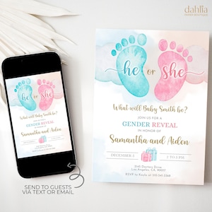 Blue and Pink Gender Reveal Invitation, Baby Footprint Gender Reveal Party Template, Team Boy Or Girl, He Or She Baby Shower Invite, GR058