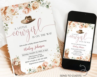 May include: A baby shower invitation featuring a floral design and the text "A Little Cowgirl is on the Way". The invitation includes details for the shower, such as the date, time, location, and RSVP information.