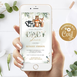 Waldtiere Greenery Baby Shower Digitale Einladung, Wald Baby Shower Evite, Eukalyptus Wald Unisex Baby Shower Evite, Corjl BS005
