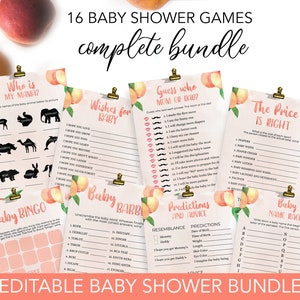 16 Sweet Little Peach Baby Shower Games BUNDLE, Editable Baby Shower Party Game, Sweet Peach Baby Shower Game Pack, Shower Game, Corjl BS008