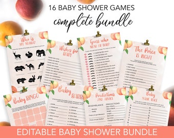 16 Sweet Little Peach Baby Shower Games BUNDLE, Editable Baby Shower Party Game, Sweet Peach Baby Shower Game Pack, Shower Game, Corjl BS008