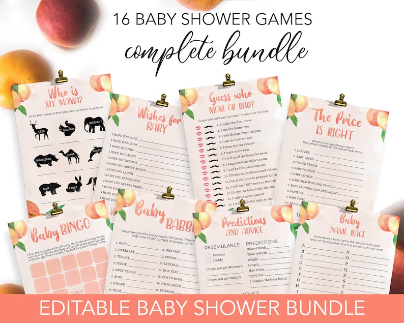 May include: A set of 16 printable baby shower games with peach and pink watercolor illustrations. The games include "Who is My Mama?", "Wishes for Baby", "Guess Who Mom or Dad?", "The Price is Right", "Baby Bingo", "Baby Babble", "Predictions and Advice", and "Baby Name Race".