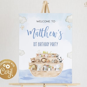 Noah&#39;s Ark Welcome Sign, Editable Boat Animals Kids Birthday Party Decor, Customizable Noah&#39;s Ark Baby Shower Banner, Instant Download KP117