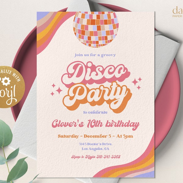 Disco Party Birthday Invitation, Editable Retro Groovy Party Invite, Boho Hippie, Disco Ball, 70s Disco Dance Party, Instant Download KP125