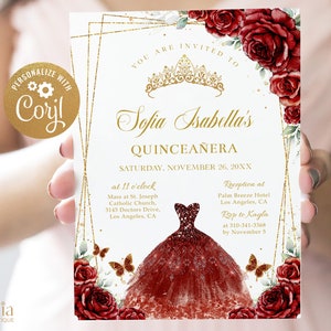 Burgundy Red and Gold Dress Quinceañera Invitation, EDITABLE Tiara 15th Birthday, Mis Quince Anos, Sweet 16 Red Roses, Instant Download Q083