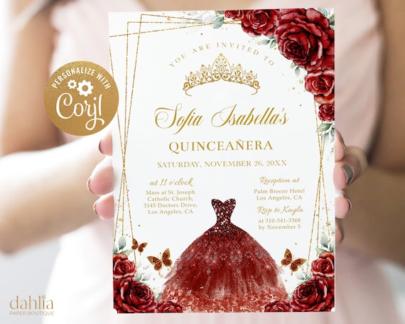 Burgundy Red and Gold Dress Quinceaera Invitation, EDITABLE Tiara 15th  Birthday, Mis Quince Anos, Sweet 16 Red Roses, Instant Download Q083 - Etsy