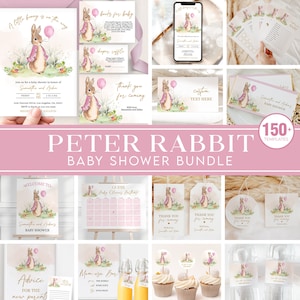 Pacchetto Baby Shower Peter Rabbit, Set di inviti rustici modificabili a forma di coniglietto, Coniglietto Flopsy, Giardino primaverile con palloncino rosa per bambine, Download immediato BS133