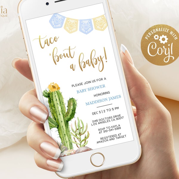 Taco 'Bout A Baby Shower Digital Invite, Fiesta Baby Shower Evite, Taco Baby Shower Evite, Cactus Baby Shower, Boho Baby Shower, Corjl BS018