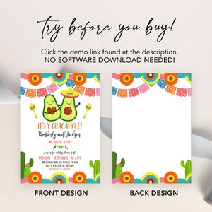 Pu&ograve; includere: Un invito stampabile per una festa di benvenuto al bambino a tema messicano. L'invito presenta due illustrazioni di avocado che indossano sombrero e tengono maracas. Il testo sull'invito recita "Holy Guacamole! Kimberly e Jackson stanno aspettando un bambino."