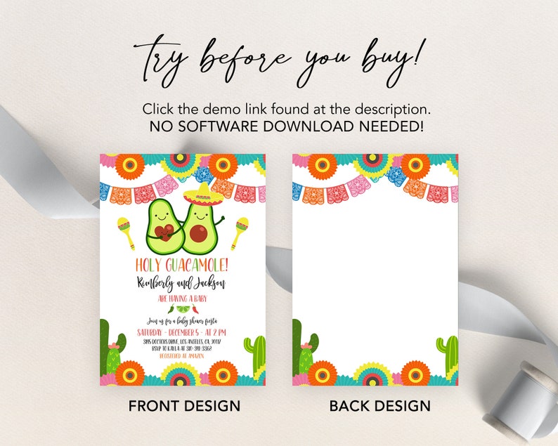 Pu&ograve; includere: Un invito stampabile per una festa di benvenuto al bambino a tema messicano. L'invito presenta due illustrazioni di avocado che indossano sombrero e tengono maracas. Il testo sull'invito recita "Holy Guacamole! Kimberly e Jackson stanno aspettando un bambino."