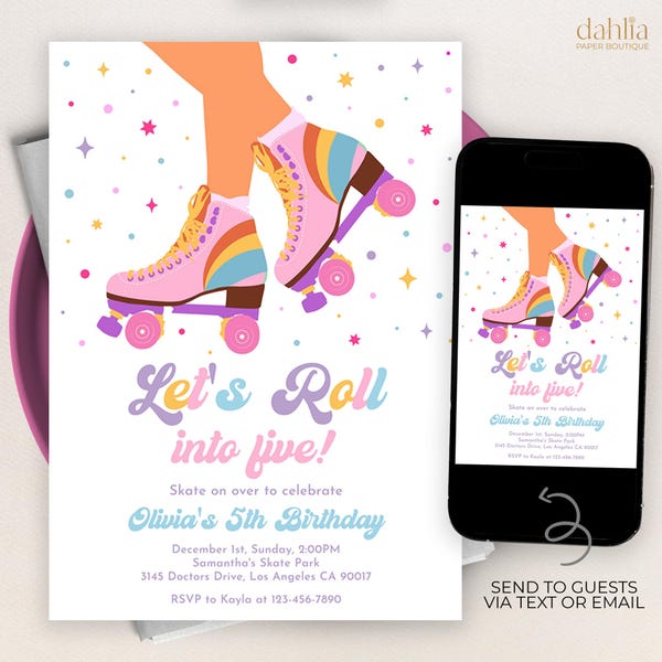 Invitación de cumpleaños de patinaje sobre ruedas, plantilla editable para fiesta de patinaje, invitación de patinaje con arcoíris, fiesta de chicas preppy, descarga instantánea, KP420
