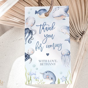 Grazie per essere venuto Etichetta regalo, Baby Shower sotto il mare, Modello modificabile per bomboniere con animali oceanici, Baby Sprinkle blu nautico, BS139