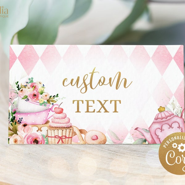 Tea Party Food Labels Template, Pink and Gold Par-tea Place Card Tent Card, Whimsical Floral High Tea Birthday Decor, Instant Download KP056