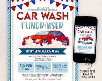 Editable Car Wash Fundraiser Flyer, Car Wash Advertisement, PTA PTO School Church Charity Sports Event Fundraising, Template Printable