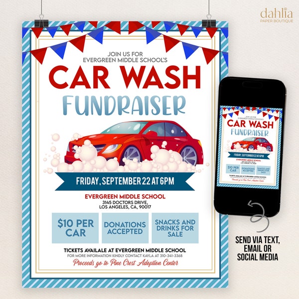 Editable Car Wash Fundraiser Flyer, Car Wash Advertisement, PTA PTO School Church Charity Sports Event Fundraising, Template Printable