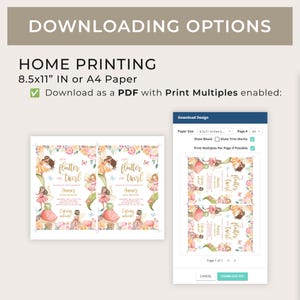 May include: A digital download for a printable invitation featuring a fairy with wings and a flower crown. The invitation says "Let's Flutter and Twirl" and is for a first birthday party. The invitation is designed in a pink, green, and gold color scheme.
