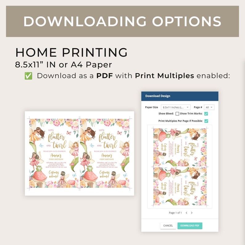 May include: A digital download for a printable invitation featuring a fairy with wings and a flower crown. The invitation says "Let's Flutter and Twirl" and is for a first birthday party. The invitation is designed in a pink, green, and gold color scheme.