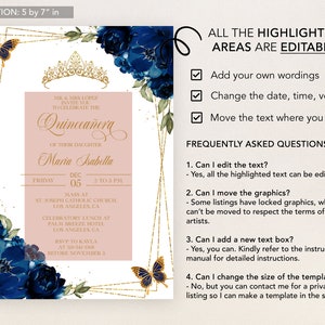 May include: A Quincea&ntilde;era invitation template with a gold crown, blue flowers, and gold glitter accents. The text reads "Quincea&ntilde;era" and "Maria Isabella". The invitation is 5 inches by 7 inches.