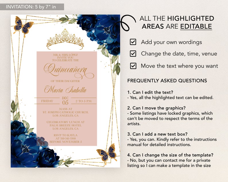 May include: A Quincea&ntilde;era invitation template with a gold crown, blue flowers, and gold glitter accents. The text reads "Quincea&ntilde;era" and "Maria Isabella". The invitation is 5 inches by 7 inches.