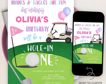 Op de afbeelding: Een golf-thema verjaardagsuitnodiging voor de eerste verjaardag van een meisje. De uitnodiging toont een cartoon golfkarretje, een golfbal en de tekst "Birdies & Eagles are fun but celebrating Olivia's 1st Birthday will be a Hole-in-One".